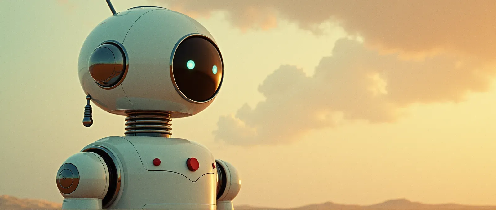 Weißer Roboter mit orangenem Himmel in der Wüste